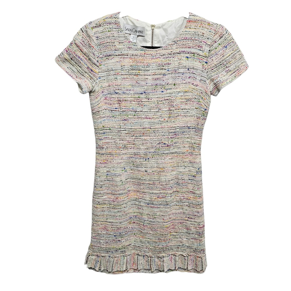 Sara Campbell Ruffle Hem Tweed Shift Dress Short Sleeve Multi Color Ivory Size 2